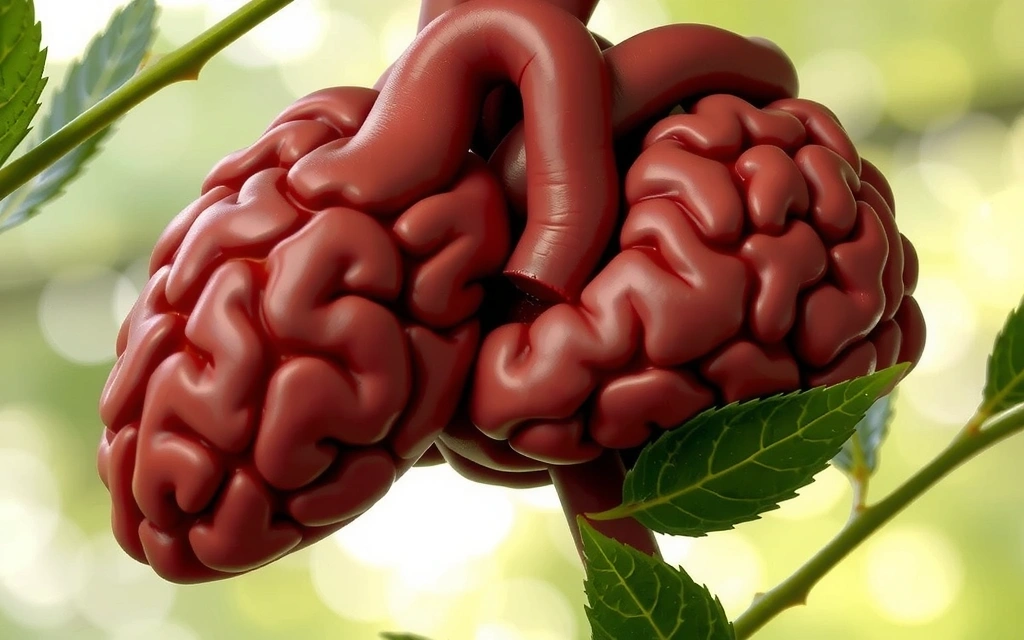 A close-up of a brain graphic intertwined with a heart graphic, symbolizing the connection between brain and heart health, with subtle natural elements