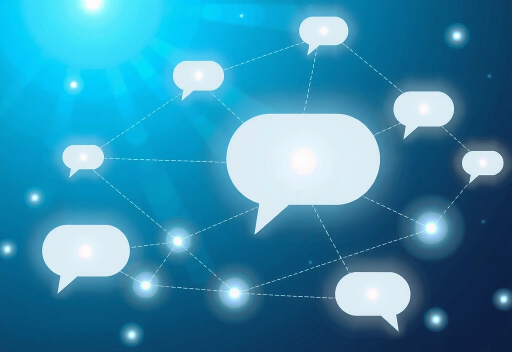 Abstract illustration of interconnected communication lines and speech bubbles, symbolizing global connection and dialogue.
