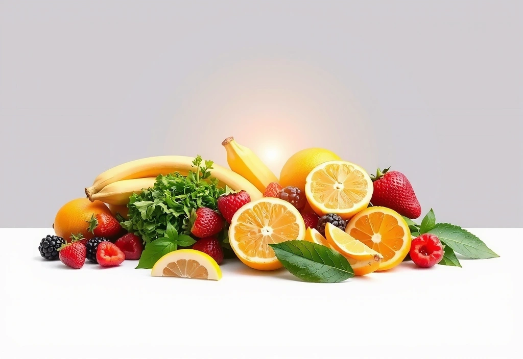 A variety of colorful fruits and vegetables representing a balanced multivitamin complex, with a subtle glow.