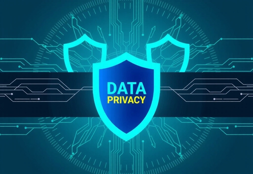 Abstract graphic representing data privacy and security with interlocking shields and digital patterns