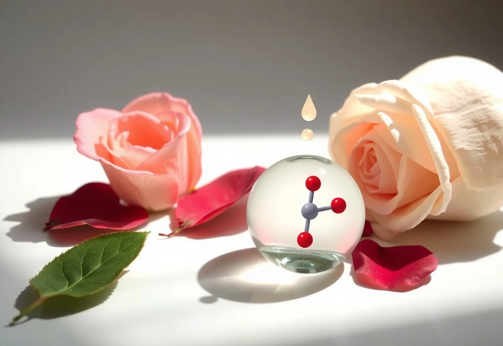 Elegant display of natural ingredients like rose petals and a hyaluronic acid molecule illustration, symbolizing advanced skincare